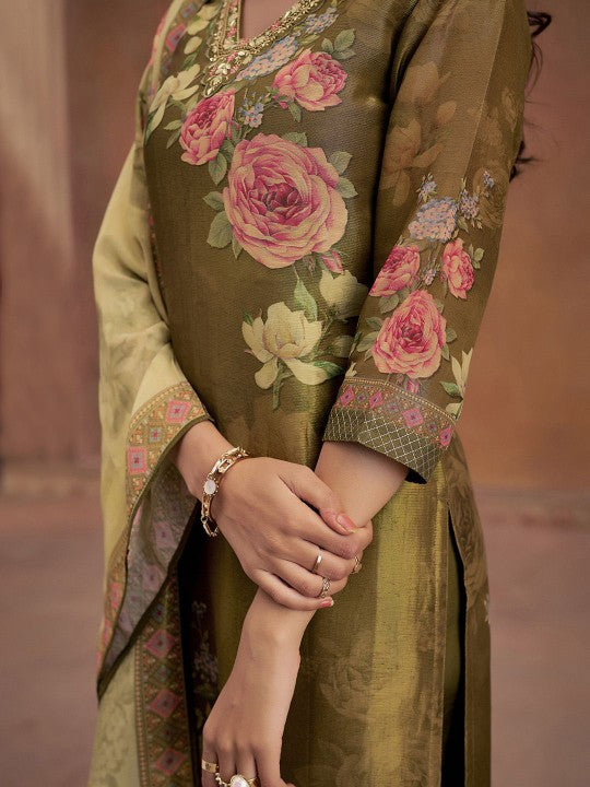 Jaipur Kurti Floral Printed V-Neck Straight Kurta With Trousers &  Dupatta