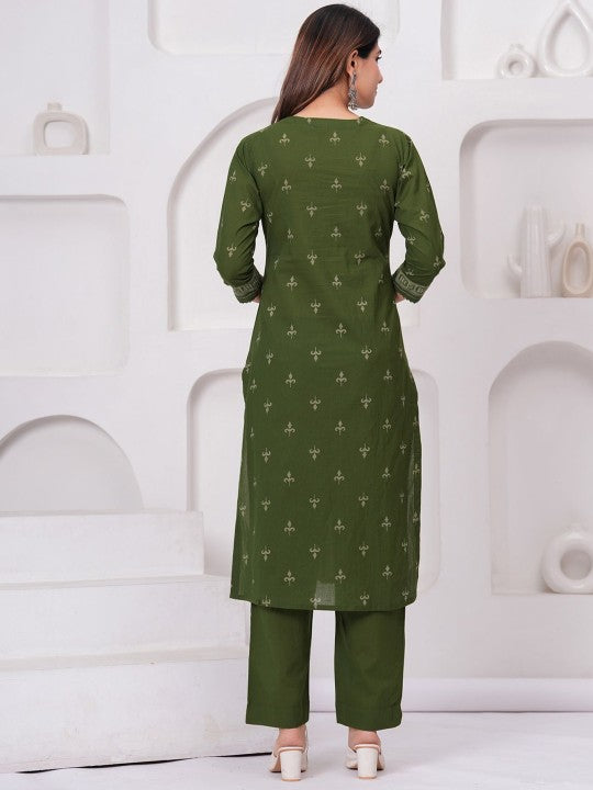 Floral Printed V-Neck Sequinned Pure Cotton Kurta With Trousers & Dupatta
