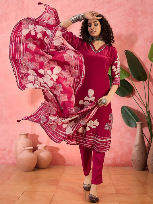 Floral Printed V-Neck Beads and Stones Straight Kurta