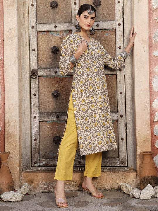 Taavi Floral Printed Dabu Straight Kurta with Trouser & Dupatta