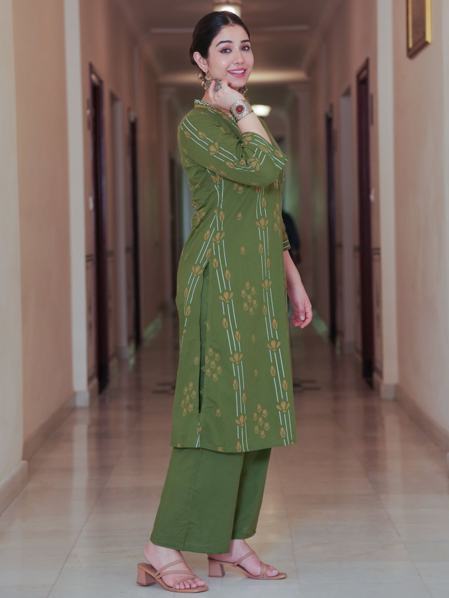 Soft Cotton Geometric A-line Green Kurta
