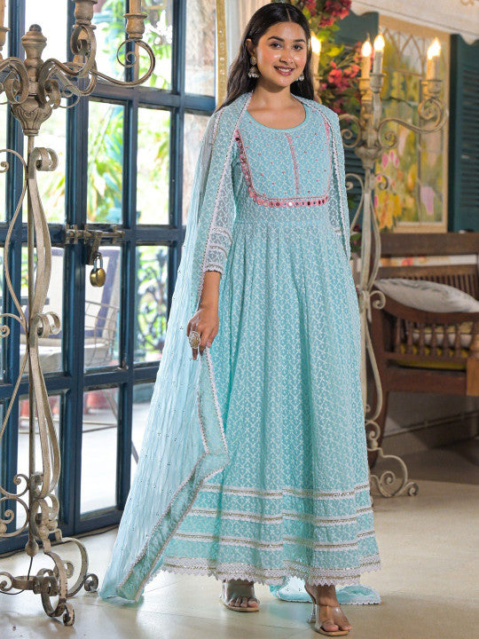 Aavanya Women Ethnic Motifs Panelled Mirror Work Pure Cotton Kurta with Pyjamas & With Dupatta