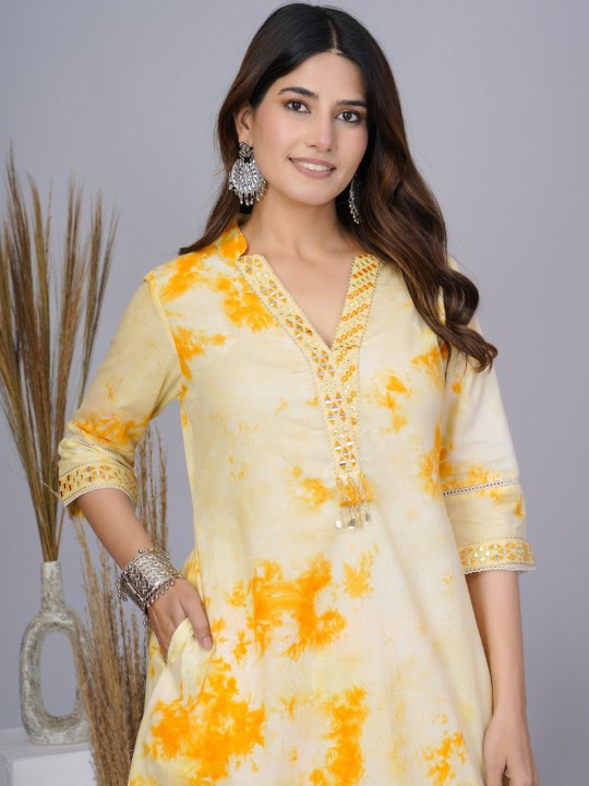 AUTUMN LANE Tie And Dyed V-Neck Pure Cotton Tunic With Trousers