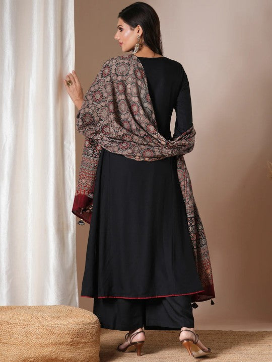 ASCIIBLUES Paisley Embroidered Mirror Work Tie-Up Neck A-Line Kurta With Palazzo & Dupatta