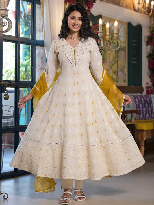 Aavanya Mustard Cotton Regular Anarkali V-Neck Sequinned Kurta and Trouser with Dupatta