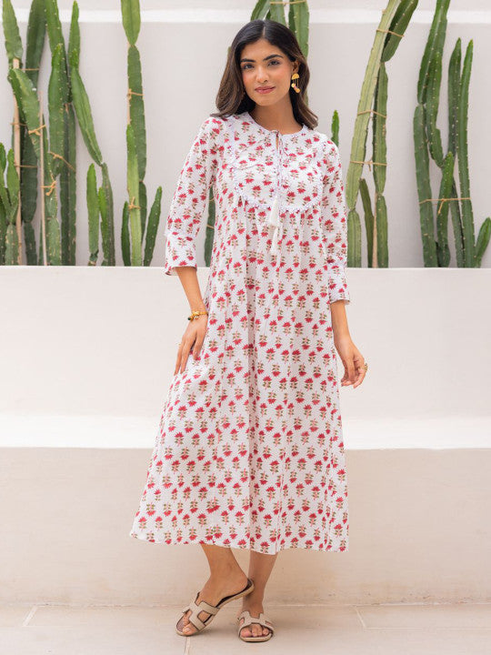 Ambraee Women Ethnic Motifs Handblock Printed A-Line Dress