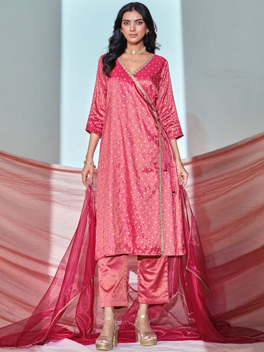 Floral Woven Design Angrakha V-Neck Sequinned A-Line Kurta