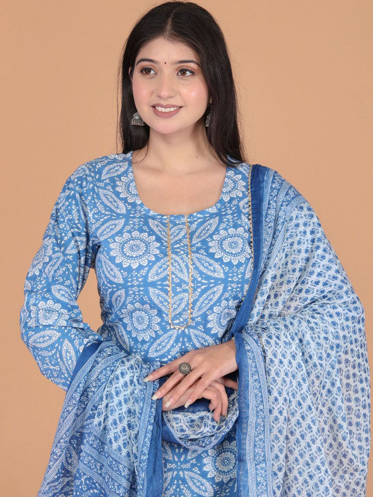 VL SAREES Ethnic Motifs Printed Round Neck Pure Cotton Kurta With Trouser With Dupatta