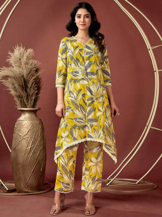 Floral Printed V-Neck Pure Cotton Tunic With Trousers