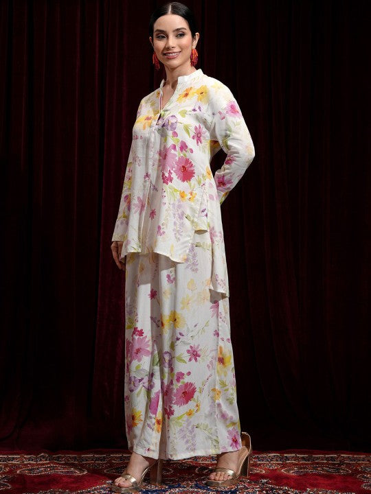 Vishudh White Floral Printed Mandarin Collar Long Sleeves Top With Palazzo