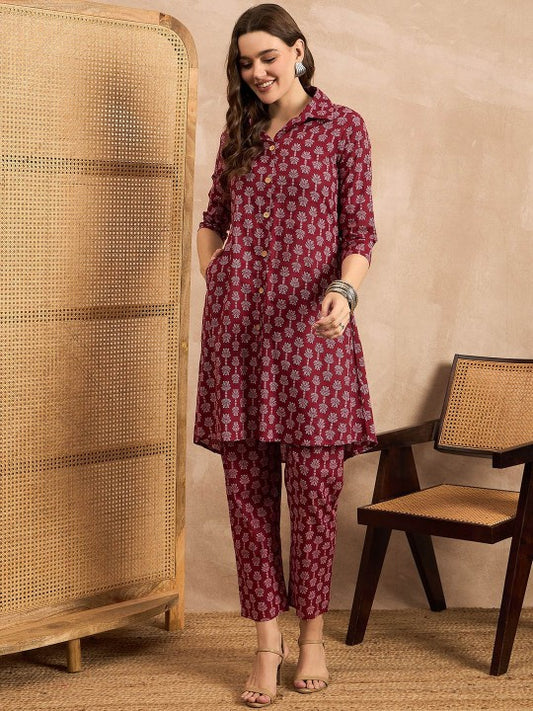 ANEKYA Floral Printed Shirt Collar Three-Quarter Sleeves Pure Cotton Top With Trouser