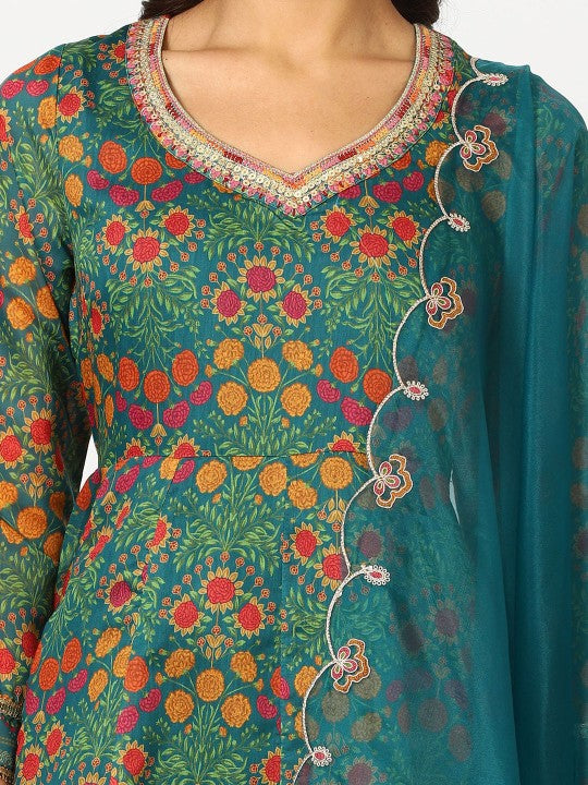 W Teal Blue Floral Printed Three-Quarter Sleeves Sequinned Kurta & Trouser & Dupatta