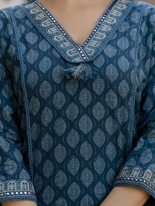 Anouk Floral Printed Thread Work V-Neck Straight Pure Cotton Kurta With Trousers & Dupatta