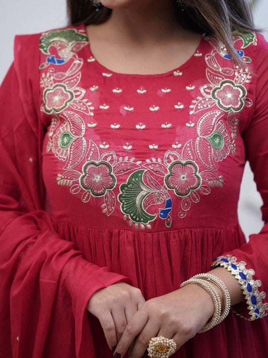 VKOM'S Women Floral Printed Festive Cotton Anarkali Kurta Set