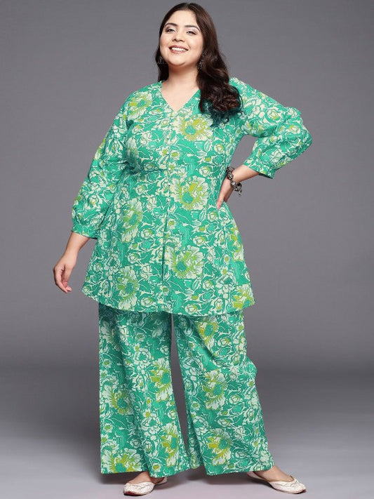 A PLUS BY AHALYAA Plus Size Printed Pure Cotton Tunic & Palazzo