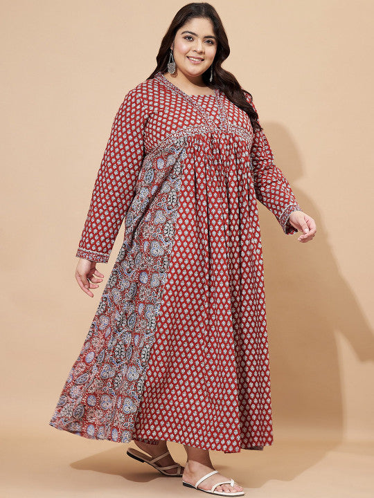 Vbuyz Plus Floral Printed Square Neck Cotton Maxi Ethinic Dress