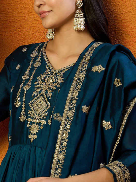 Trendmalls Women Embroidered Sequins Work Anarkali Kurta Pant with Dupatta