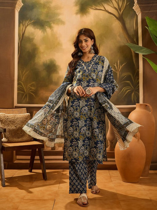 Floral Printed V-Neck Sequinned Cotton Straight Kurta With Trouser & Dupatta