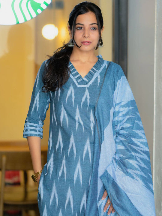 Vastara the Label Women Blue Handloom Ikkat Cotton Suit Set