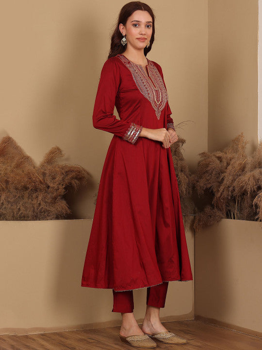 W Red Round Neck Three-Quarter Sleeves Regular Sequinned Kurta With Trouser With Dupatta