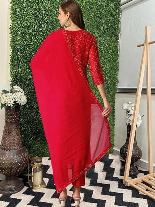 hirangana Bandhani Printed Gotta Patti Notch Neck Straight Kurta With Trousers & Dupatta