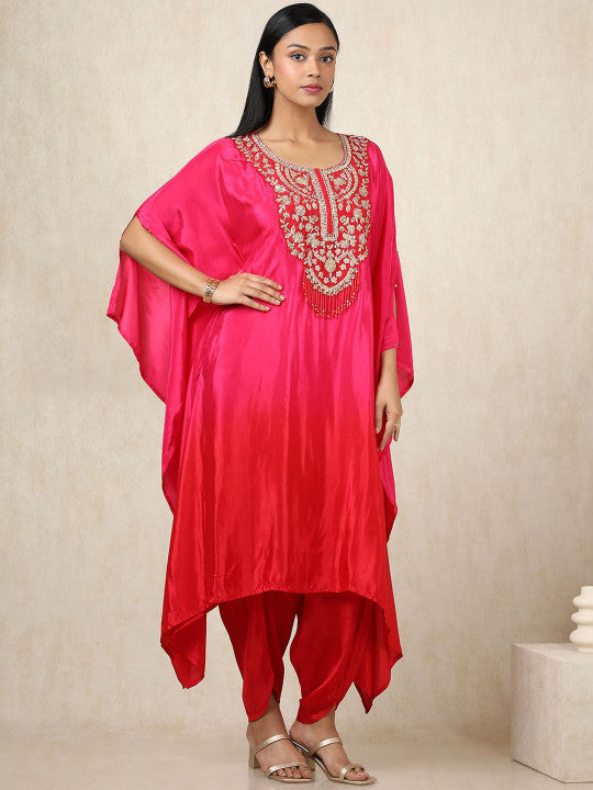 Floral Yoke Design Sequinned Silk Crepe Kaftan Kurta With Trouser