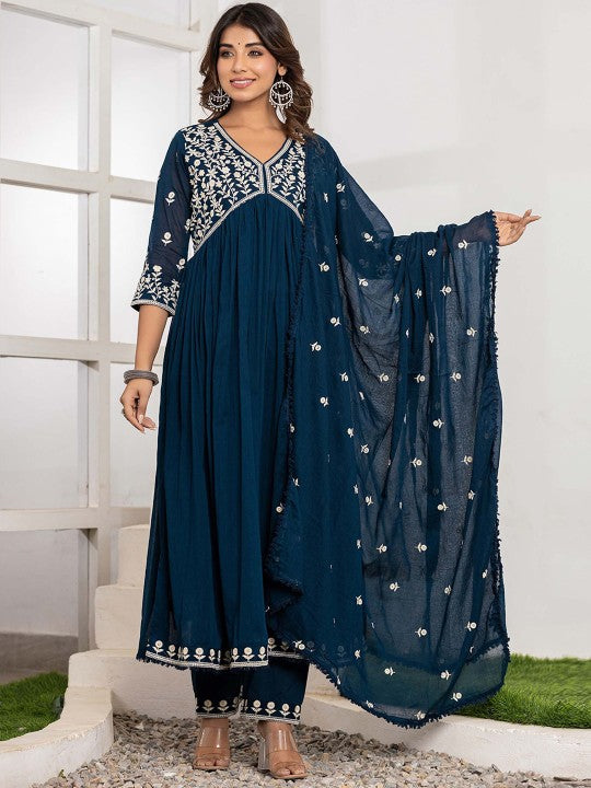 CHETI Women Ethnic Motifs Embroidered Anarkali Kurta with Trousers & Dupatta