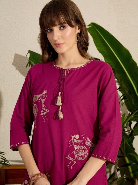 Indo Era Embroidered Round Neck Straight Pure Cotton Kurta & Trousers