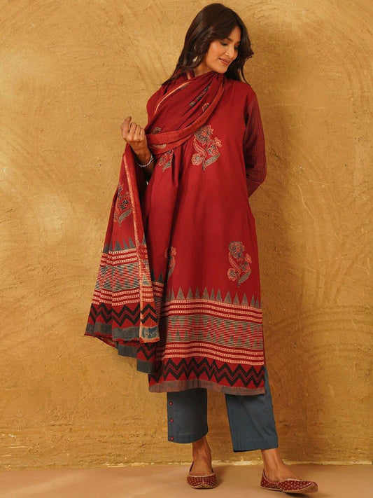 JAYPORE Floral Printed V-Neck Regular Pure Cotton Straight Kurta