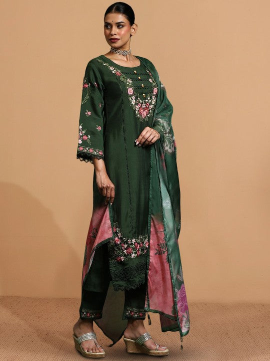 House of Pataudi Embroidered Thread Work Pure Cotton Kurta & Trousers With Dupatta