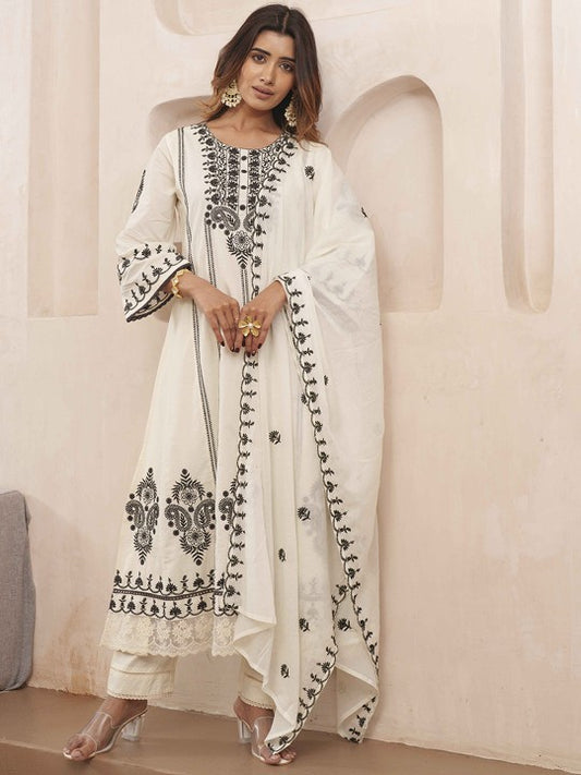 House of Pataudi Floral Embroidered Pure Cotton Kurta & Trousers With Dupatta