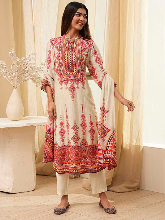 Biba Women Floral Printed Regular Kurta with Trousers & With Dupatta