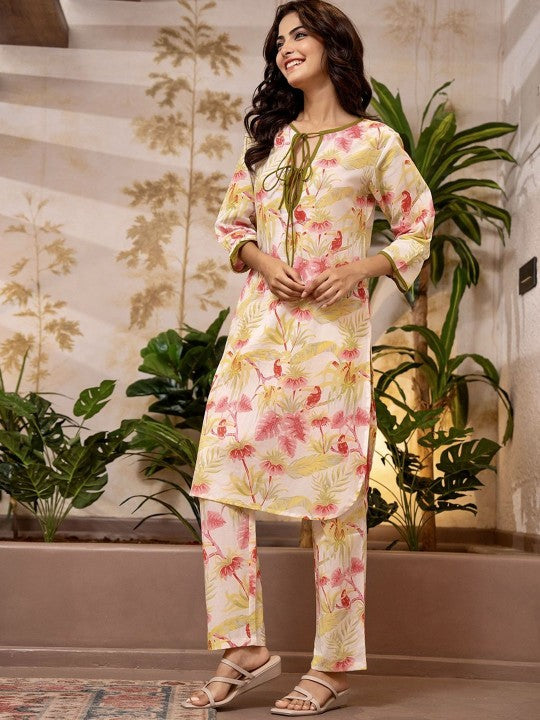 FEATHERS CLOSET Floral Printed Tie Up Neck Pure Cotton Tunic With Trousers