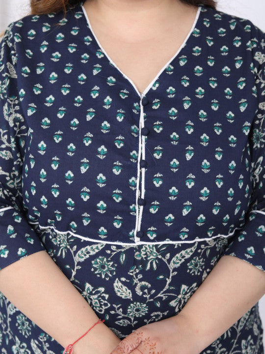Swasti Plus Size Floral Printed V-Neck Pure Cotton Straight Kurta With Trouser & Dupatta