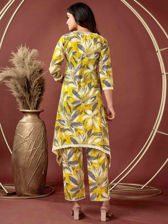 Floral Printed V-Neck Pure Cotton Tunic With Trousers