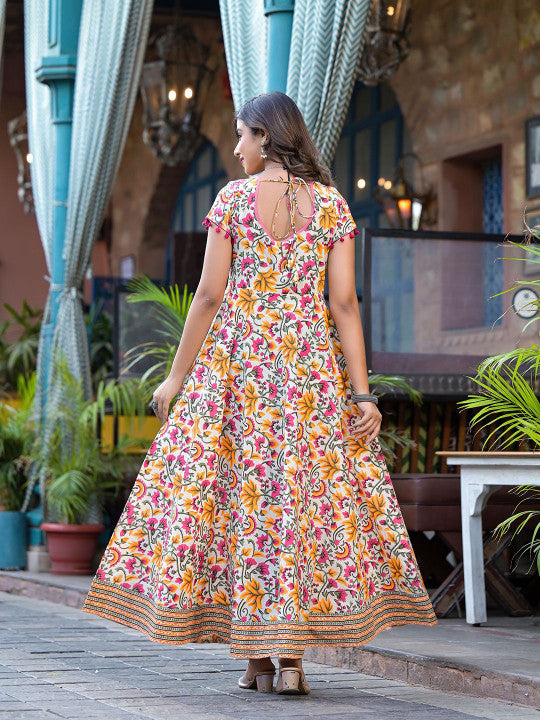 AKS Couture Women Floral Print Fit and Flare Ethnic Dresses with Pom-Pom Detail