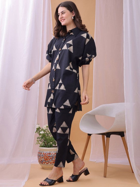 Fourleaf Printed V Neck Shirt Collar Shirt With Trousers Co-Ords