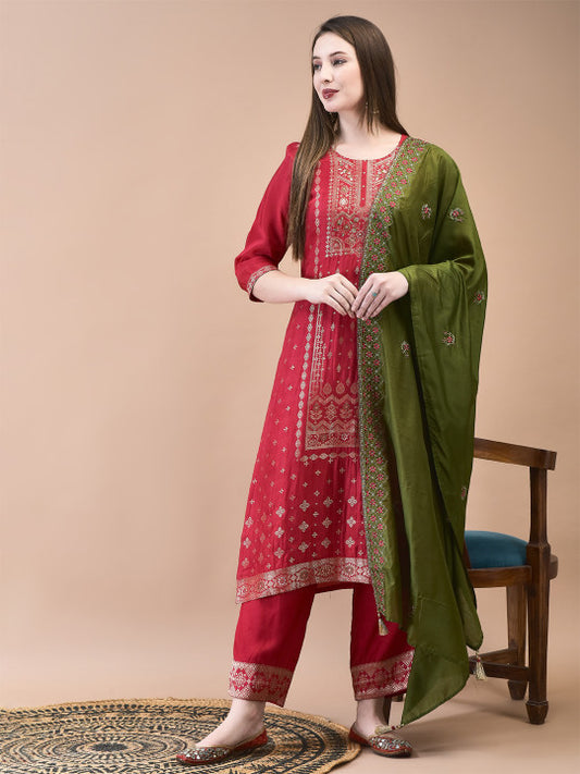 Floral Woven Design Sequinned Dola Jacquard Straight Kurta with Trousers & Dupatta