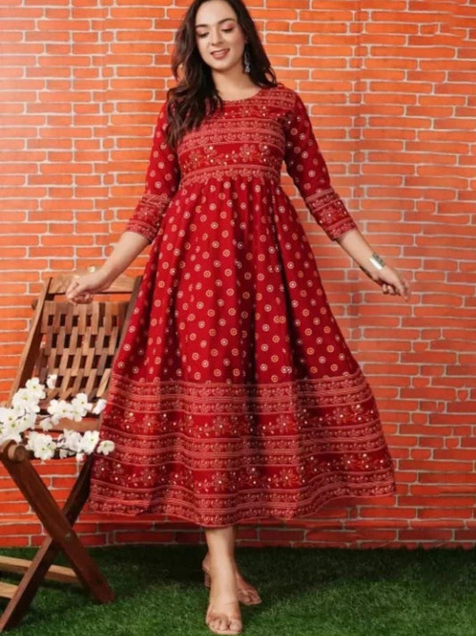 Vorcia Febtex Women Block Printed Round Neck Anarkali Dress