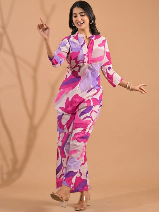 Printed Mandarin Collar Tunic With Palazzos Co-Ords