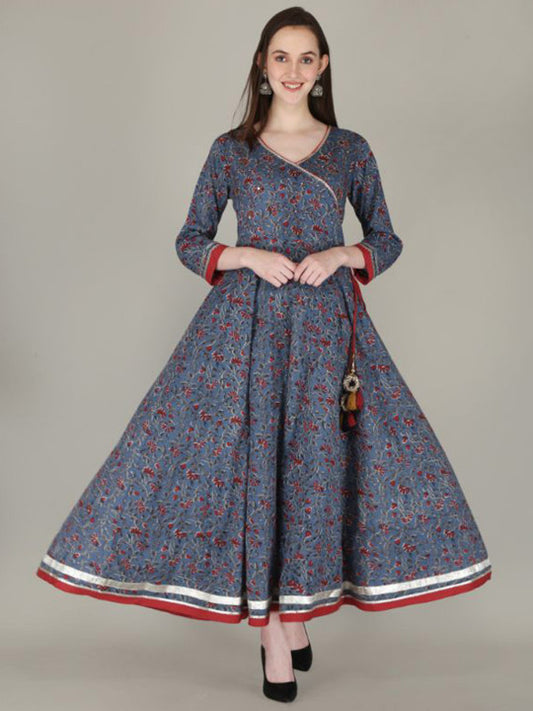 Floral Printed V-Neck Cotton Fit and Flare Maxi Ethnic Dress