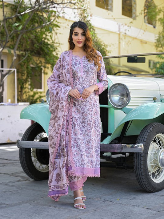 Divena Women Floral Printed Regular Pure Cotton Kurta with Trousers & With Dupatta