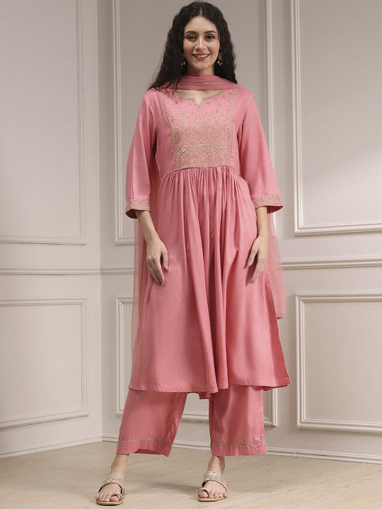 Biba Women Ethnic Motifs Embroidered Pleated Straight Kurti with Palazzos & With Dupatta