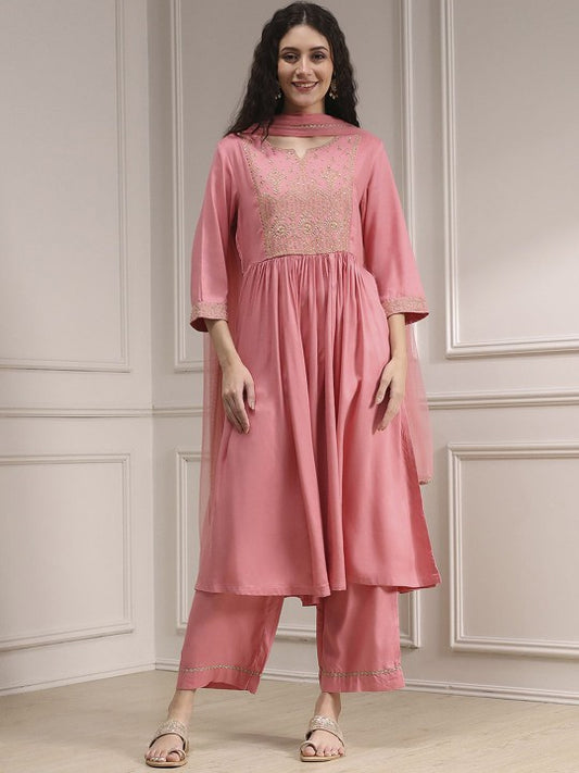 Biba Women Ethnic Motifs Embroidered Pleated Straight Kurti with Palazzos & With Dupatta