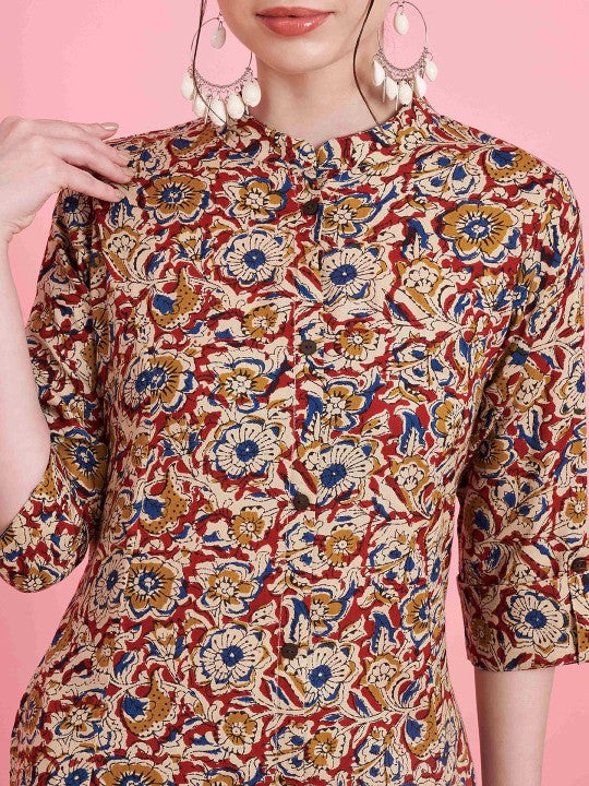 Vbuyz Floral Printed Mandarin Collar Kalamkari Straight Top With Palazzos