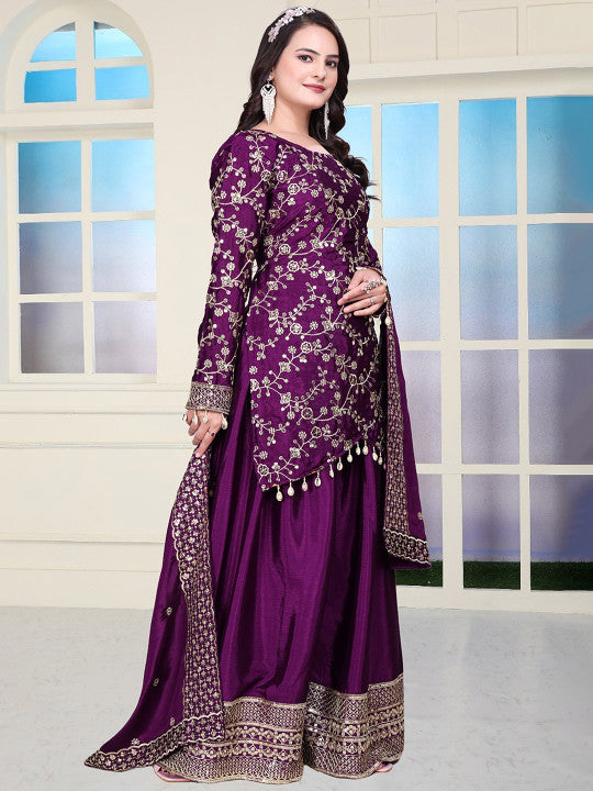 TEEYA CREATION Women Ethnic Motifs Embroidered Thread Work Kurta with Sharara & Dupatta