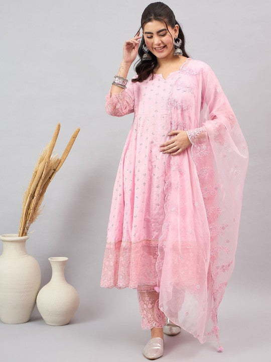 Anouk Floral Embroidered Sequinned Pure Cotton Anarkali Kurta With Trousers & Dupatta