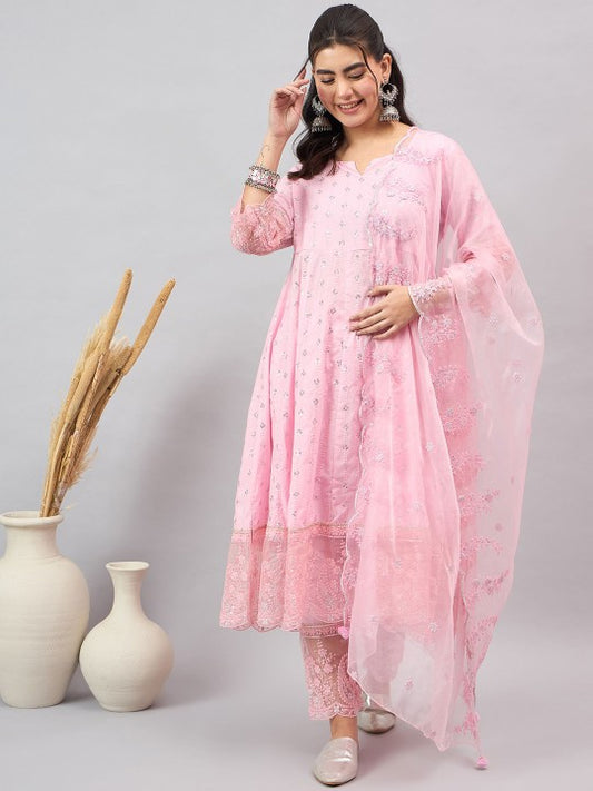 Anouk Floral Embroidered Sequinned Pure Cotton Anarkali Kurta With Trousers & Dupatta