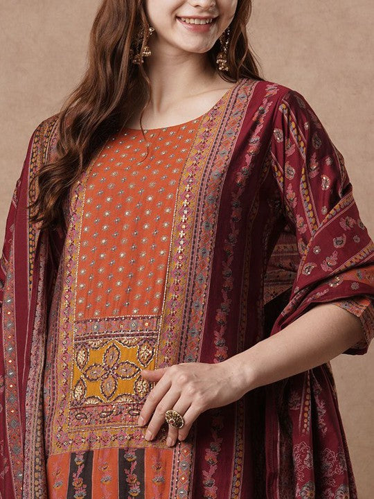 FASHOR Women Ethnic Motifs Printed Regular Beads and Stones Kurta