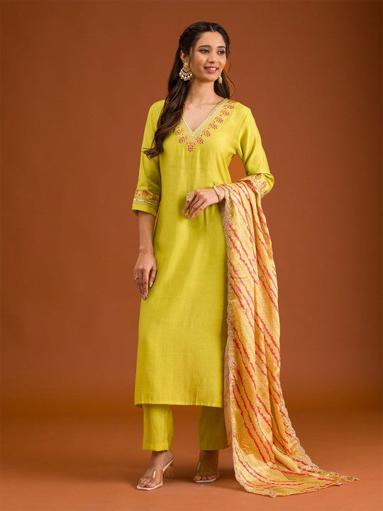 Floral Yoke Design Regular Zari Straight Kurta